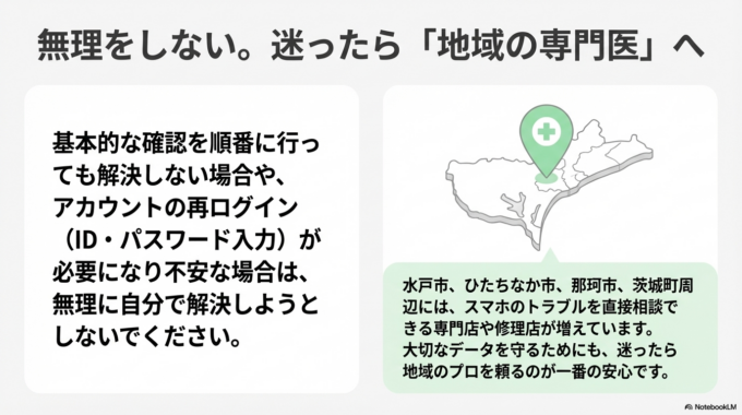 それでも難しい場合は、無理に自分で解決しようとせず、近くの専門店に相談するのが安心です。水戸市やひたちなか市、那珂市、茨城町周辺でもスマホの相談ができる場所は増えていますので、困ったときは気軽に頼ってみてください。