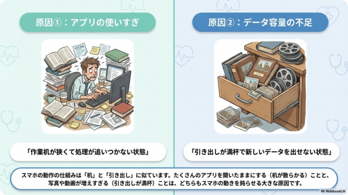 まず多いのが「アプリの使いすぎ」です。たくさんのアプリを開いたままにしていると、スマホの中で処理が追いつかなくなり、動きが遅くなります。