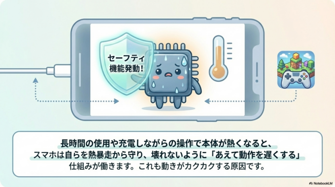 また、「スマホの熱」も見逃せません。長時間の使用や充電しながらの操作で本体が熱くなると、動作を抑える仕組みが働き、結果的に遅くなります。