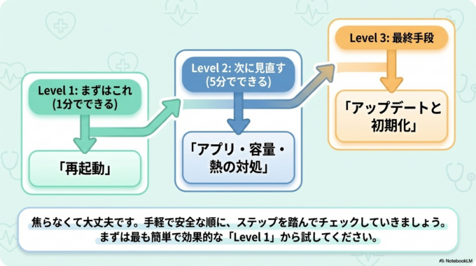スマホが遅いと感じたときは、いきなり修理を考える前に、簡単なチェックから始めてみましょう。