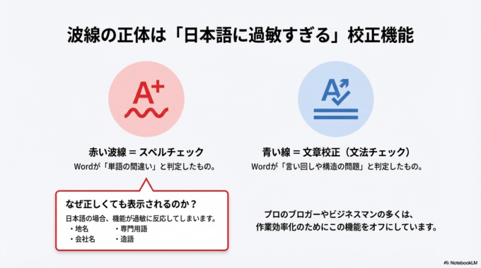 一方で青い線は**文章校正（文法チェック）**です。
