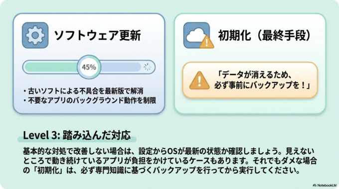 例えば「ソフトウェアの更新」があります。設定から最新の状態になっているか確認してみましょう。