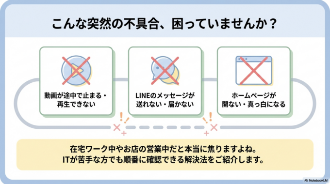 動画が止まる、LINEが送れない、ホームページが開かないなど、突然の不具合に困る方はとても多いです。特に在宅ワークやお店の営業中だと焦りますよね。