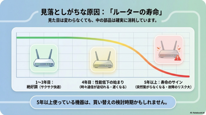 ルーターとモデム（ONU）の電源を一度切り、1分ほど待ってから入れ直します。