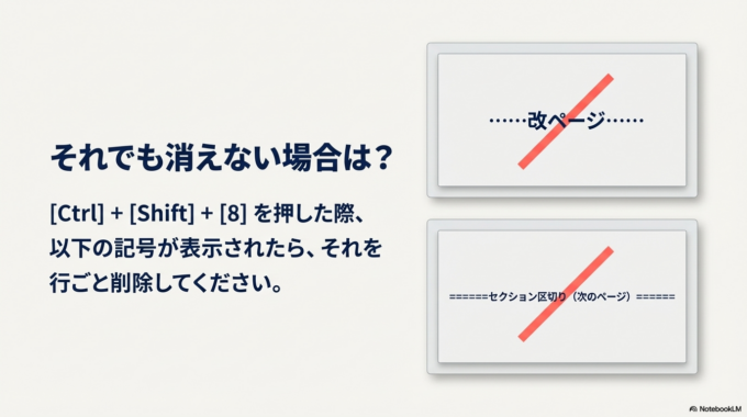 これらが表示された場合は、その行を選択して削除するとページが消えることがあります。
