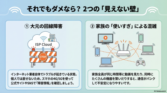 スマホだけ繋がらないのか、パソコンもダメなのかを確認します。
