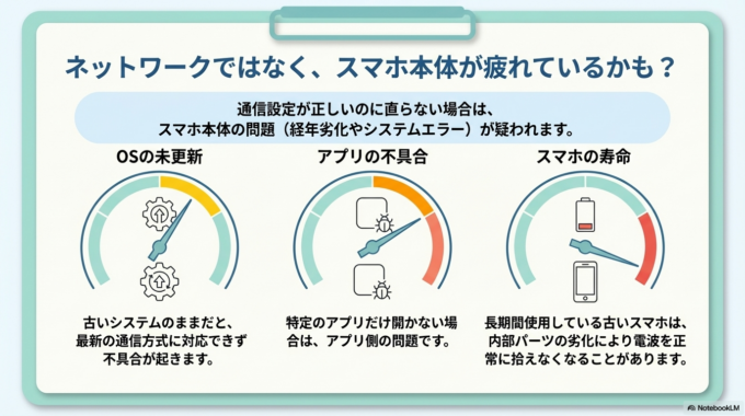 ここまで試しても改善しない場合は、スマホ本体の問題が考えられます。