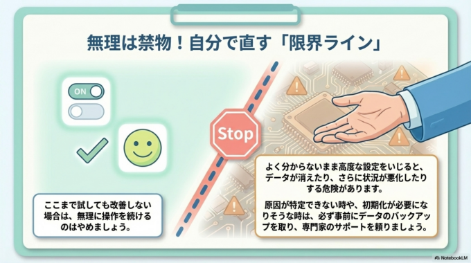自分でできる対処をすべて試しても直らない場合は、無理に操作を続けるよりも専門のサポートに相談するのがおすすめです。