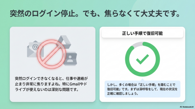 突然、Googleアカウントにログインできなくなって焦った経験はありませんか？
