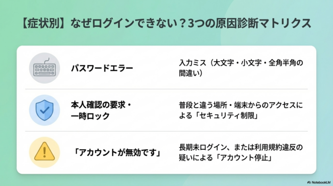 Googleアカウントが使えなくなる原因はいくつかあります。
