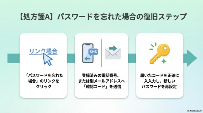 次に「パスワードを忘れた場合」のリンクから再設定を試します。
