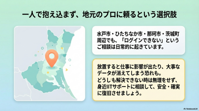 水戸市やひたちなか市周辺でも、「ログインできなくなった」「メールが見られない」といった相談は少なくありません。

