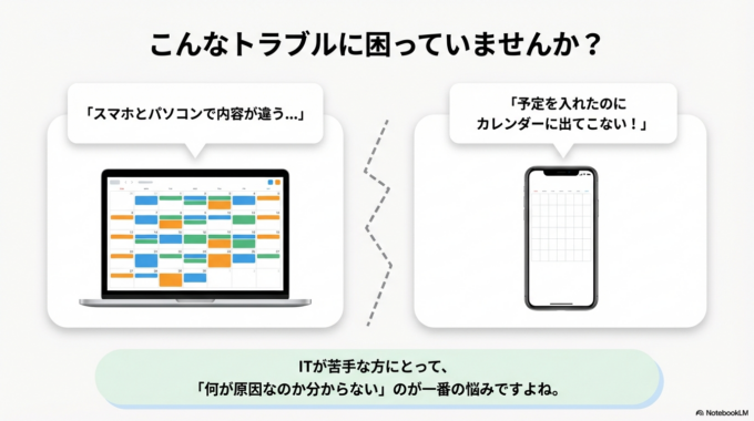 「予定を入れたのにカレンダーに出てこない」「スマホとパソコンで内容が違う」
こんなトラブルに困っていませんか？