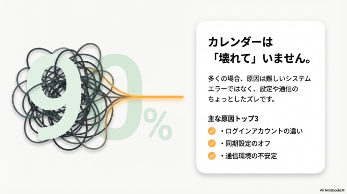 Googleカレンダーはとても便利ですが、ちょっとした設定や通信の影響で「表示されない」「同期されない」といった不具合が起きることがあります。
