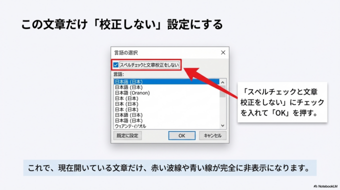 これでその文章だけ、赤い線や青い線が表示されなくなります。