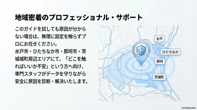 特に、水戸市・ひたちなか市・那珂市・茨城町周辺でも、写真が保存されない・バックアップが止まっているといったご相談は増えています。