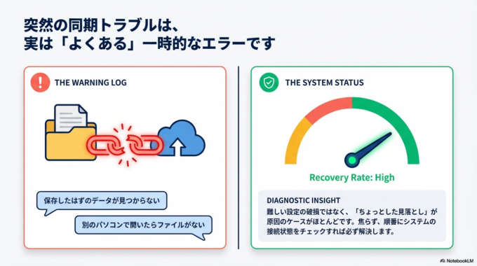 特に仕事や写真の保存で使っている場合、急に同期できなくなると不安になりますよね。