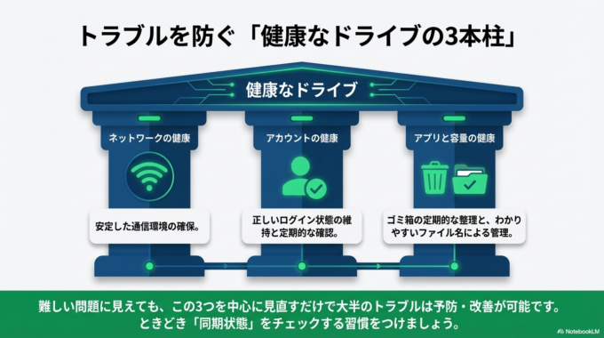 Googleドライブの同期トラブルは、設定や環境によって原因がさまざまです。
