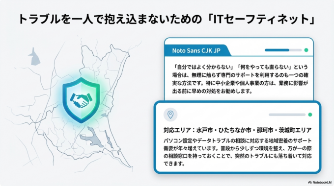 無理せず、分からないところは一つずつ確認していきましょう。水戸市・ひたちなか市・那珂市・茨城町エリアでも、こうしたITサポートの需要は年々増えています。
