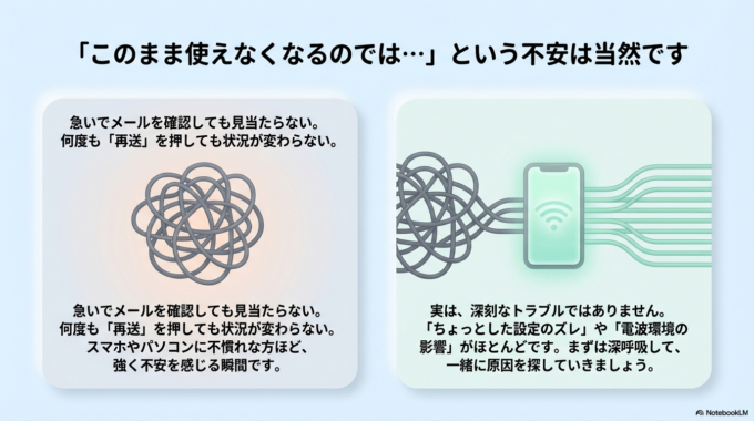 急いでメールを確認しても見当たらず、何度も再送しても状況が変わらないと不安になりますよね。