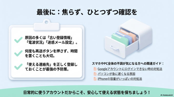 Googleアカウントの確認コードが届かない原因は、登録情報・通信環境・設定ミスなど、比較的シンプルなものがほとんどです。