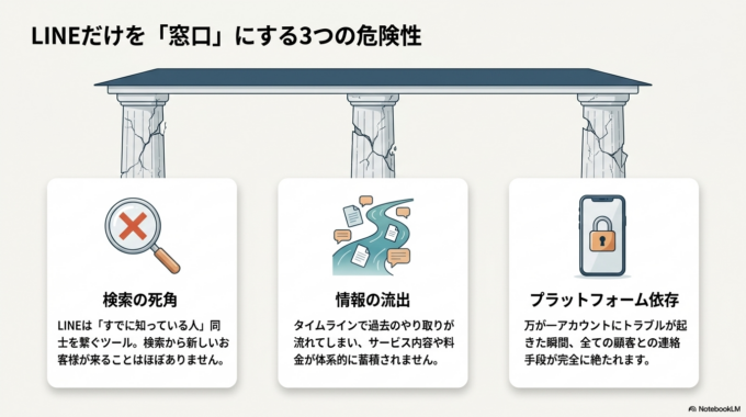 実際、水戸市やひたちなか市周辺でも、LINEだけで予約や問い合わせを受けている個人事業者の方は多くいらっしゃいます。しかし、その運用には気づきにくいリスクがいくつも潜んでいます。