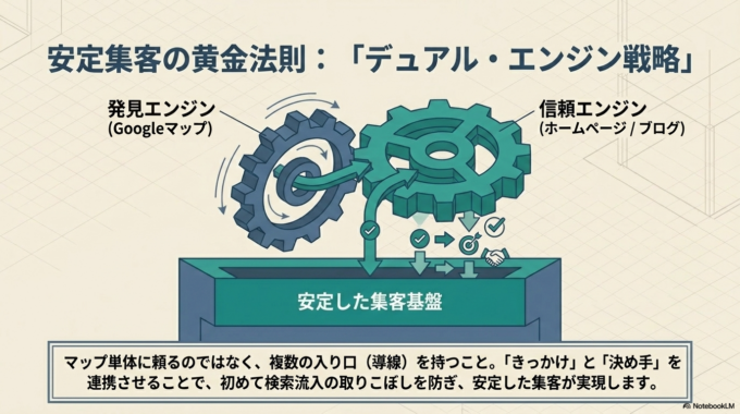 Googleマップは「きっかけ」、ホームページは「決め手」と考えることで、バランスの良い集客が実現できます。