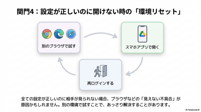 一度「別の人に共有して試す」と、原因の切り分けがしやすくなります。