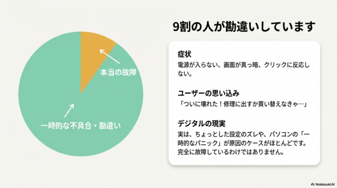 でも実は、その「壊れたかも」と感じるトラブルの多くは、本当に故障しているわけではありません。ちょっとした設定や一時的な不具合が原因で、正常に動かなくなっているケースがほとんどです。