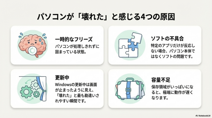 パソコンが「壊れた」と感じる主な原因