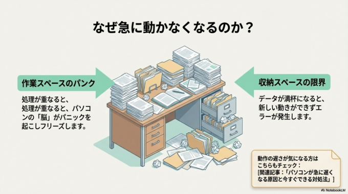 まず一番多いのが、一時的なフリーズです。これはパソコンが処理しきれずに固まっている状態で、少し時間を置くだけで元に戻ることもあります。