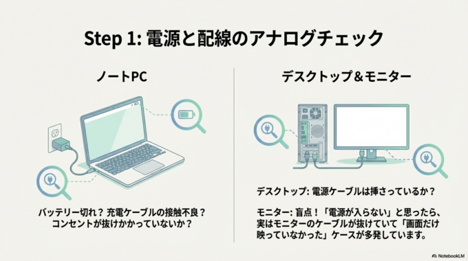 電源や配線を確認する