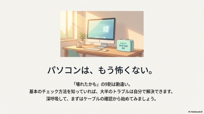 パソコンは決して難しいものではありません。少しずつ慣れていけば、トラブルにも落ち着いて対応できるようになります。