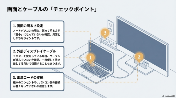 次に、画面だけが映らなくなっている状態です。この場合、パソコン自体は動いているのにディスプレイが反応していないことがあります。外部モニター設定の誤りや、明るさ設定の問題も含まれます。