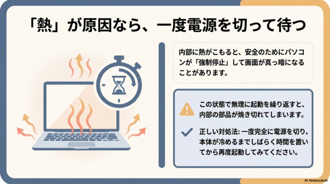 そして注意したいのが内部トラブルです。熱がこもって強制停止したり、部品の不具合、ソフトの不具合などが原因の場合もあります。このケースで焦って操作すると、データに影響が出ることもあります。