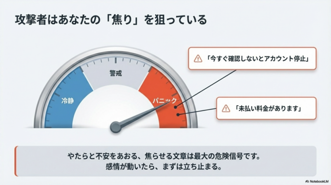 また、やたらと不安をあおる文章にも注意が必要です。「今すぐ確認しないとアカウント停止」「未払い料金があります」など、焦らせる内容は危険信号です。