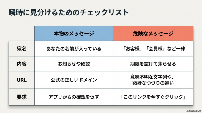 さらに、安全な確認方法としては「リンクを直接クリックしない」ことです。公式サイトは自分で検索してアクセスするクセをつけるだけでも、リスクは大きく下がります。