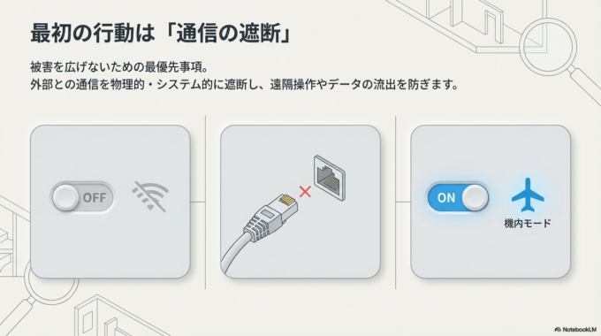 まずはインターネット接続を切り、ウイルス対策ソフトでチェックを行いましょう。