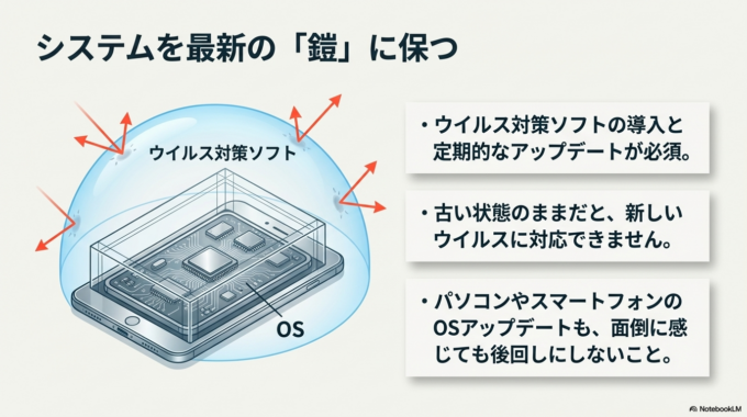 また、ウイルス対策ソフトを導入し、定期的にアップデートすることも重要です。古い状態のままだと、新しいウイルスに対応できません。