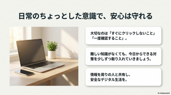 難しい知識がなくても、日常のちょっとした意識で安全性は大きく変わります。安心してパソコンやスマートフォンを使い続けるためにも、今日からできる対策を少しずつ取り入れていきましょう。