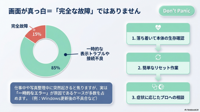 特に仕事中やネット注文の途中、写真整理をしている最中などに起きると焦りますよね。
