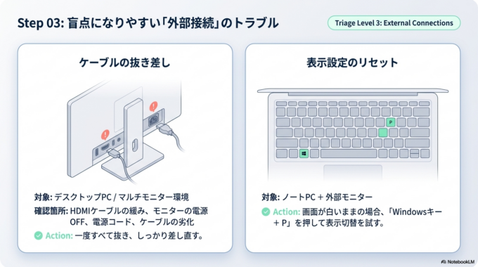 外部モニター接続のトラブルも多い