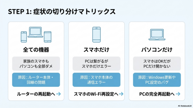 他の機器でもネットが使えないか確認する