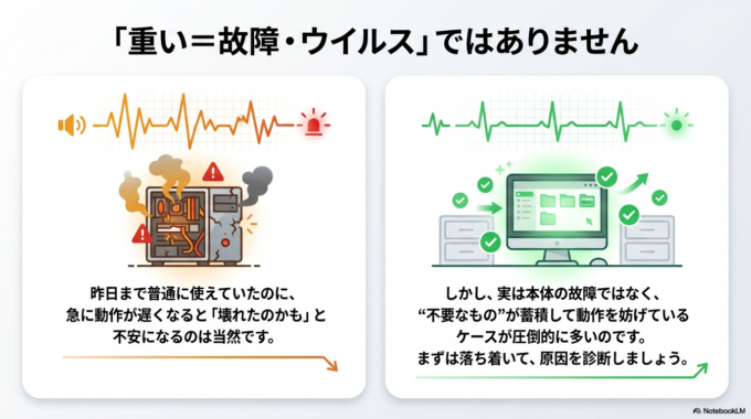 この記事では、パソコンが急に重くなった時に、まず確認してほしい「よくある原因」と、初心者の方でもできる対処法を分かりやすく解説します。