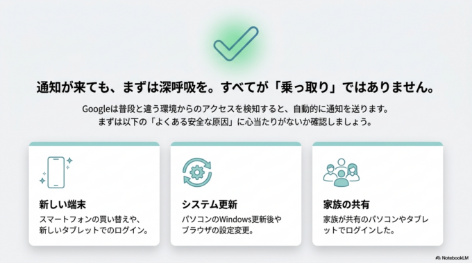 突然の通知に驚いて、「誰かに乗っ取られたのでは?」と不安になる方も少なくありません。特に仕事のメールや写真、連絡先などをGoogleアカウントで管理している場合は心配になりますよね。