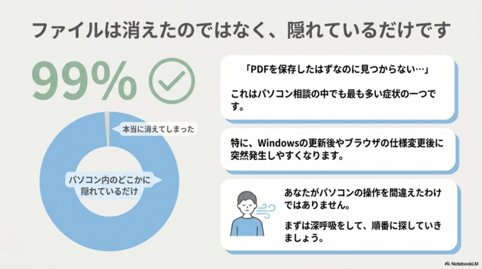 ただ、実際には「消えた」のではなく、保存場所が分からなくなっているケースがほとんどです。
