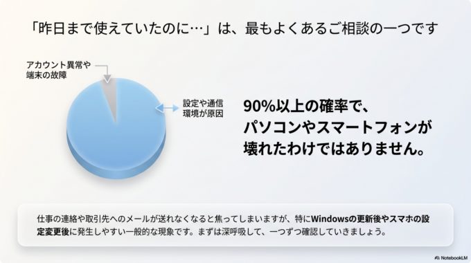 多くの場合はアカウントの異常や故障ではなく、設定や通信環境などが原因です。