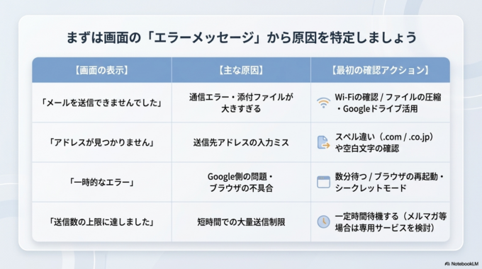 まずは表示されているエラーメッセージを確認することが大切です。
