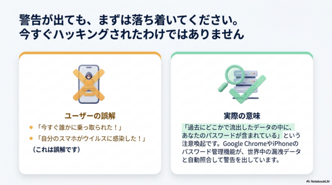 この警告が出たからといって、必ずしも今すぐ誰かに不正利用されているとは限りません。ただし、放置すると不正ログインや情報流出につながる可能性があるため、早めの確認がおすすめです。