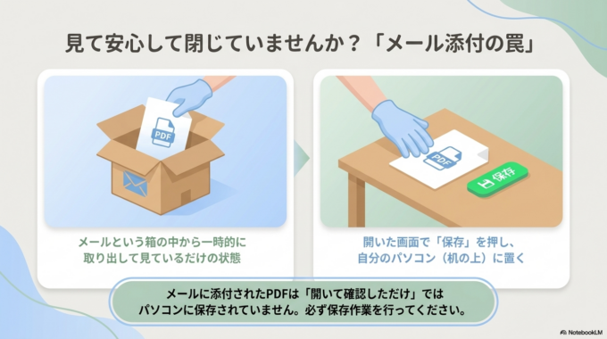 特にメール添付PDFは、「開いただけ」で保存していないケースがよくあります。